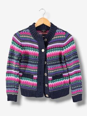 Talbots Fair Isle Cardigan PP (XSP) Blue Pink Mockneck Sweater Jacket Preppy
